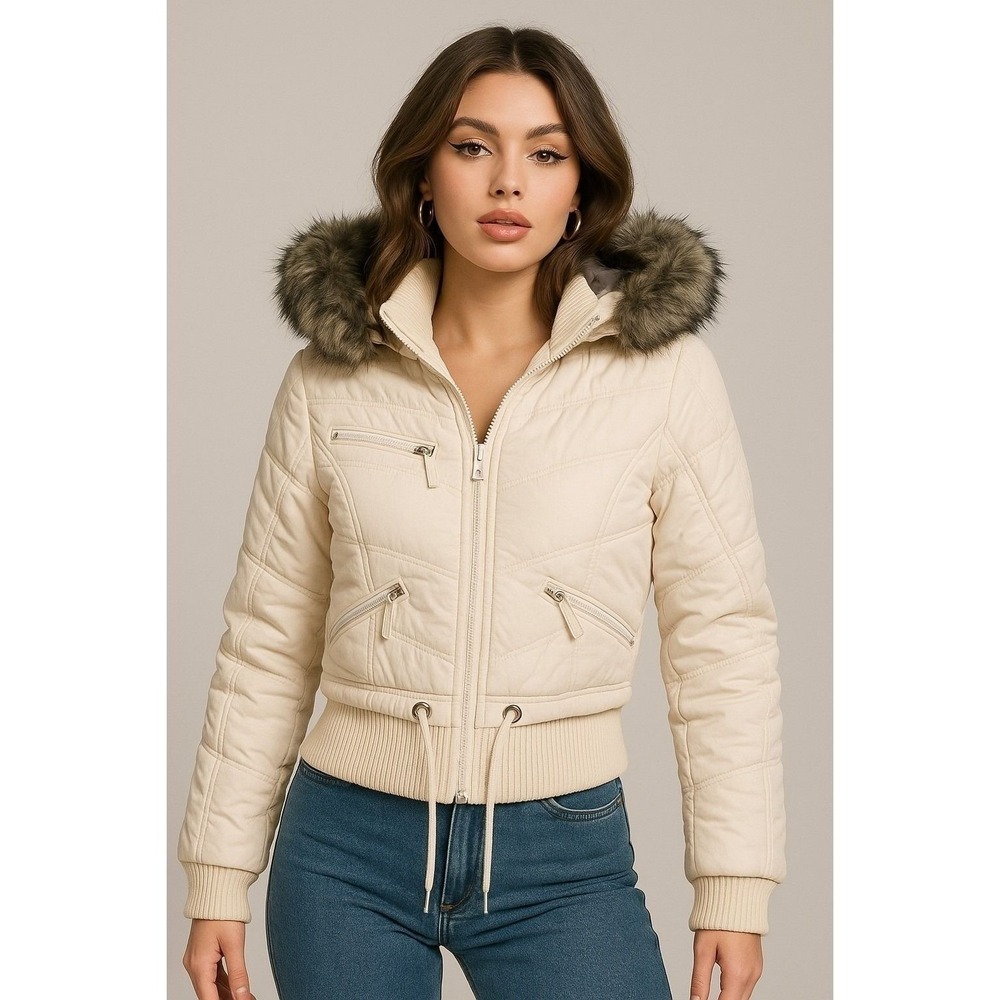Esprit Puffer Jacket Women Faux Fur Trim Hooded Cropped Size L Cream